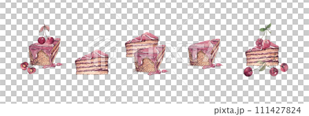 A piece of layer cake with cherries. Set of watercolor layer cakes A piece of layer cake with cherries. Set of watercolor layer cakes 111427824