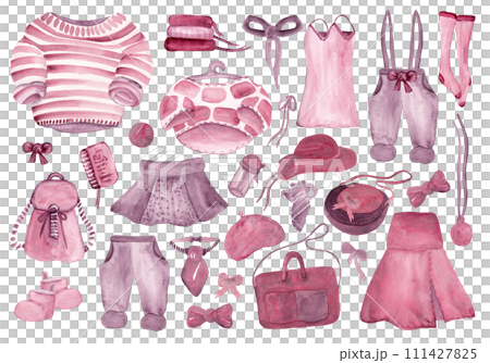 A large set of clothes for a young traveler. Clothes for travel. Isolated cartoon illustration of fashionable women's wardrobe A large set of clothes for a young traveler. Clothes for travel. Isolated cartoon illustration of fashionable women's wardrobe 111427825