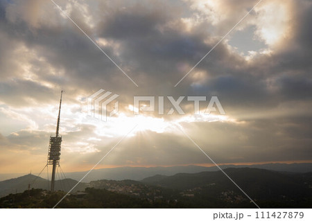 Tibidabo telecommunications tower in Barcelona on top of the mountain near the city 111427879