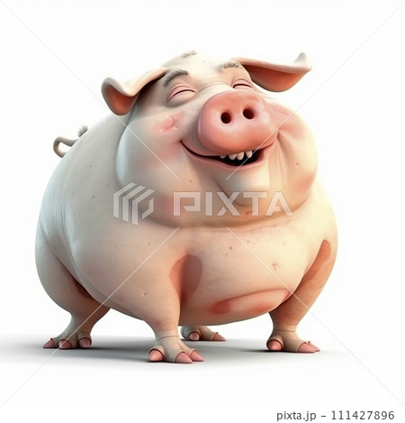 Fat pig, very round and cheerful piggy, adorable 3d illustration on white, unusual avatar, cheerful pet Fat pig, very round and cheerful piggy, adorable 3d illustration on white, unusual avatar, cheerful pet 111427896