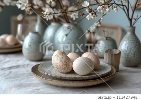 Spring's Quiet Bounty, a Ceramic Cradle for Easter's Eggs, Adorned by Blooms of Gentle Promise 111427948