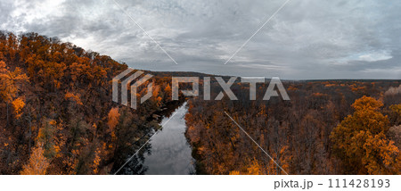 Autumn aerial river scenery with colorful forest 111428193