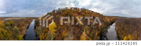 Autumn aerial river scenery with colorful forest 111428195