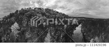 Aerial panorama of river with trees in grayscale 111428196