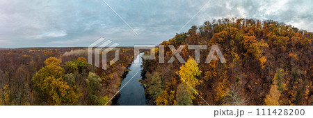 Autumn aerial river scenery with colorful forest Autumn aerial river scenery with colorful forest 111428200
