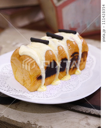 Fresh grilled delicious sandwich with topping and filling plated in white plate, just freshly baked Fresh grilled delicious sandwich with topping and filling plated in white plate, just freshly baked 111428354