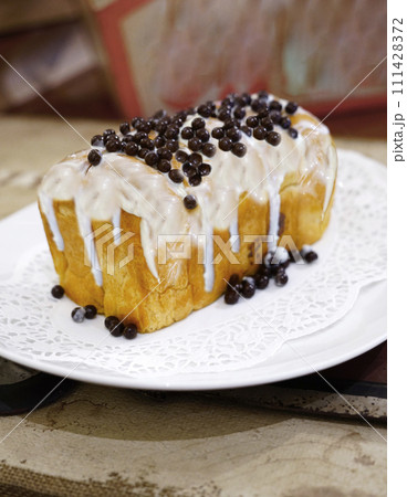 Fresh grilled delicious sandwich with topping and filling plated in white plate, just freshly baked 111428372