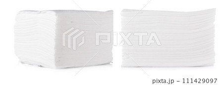Stack of folded disposable paper tissues on white background. 111429097