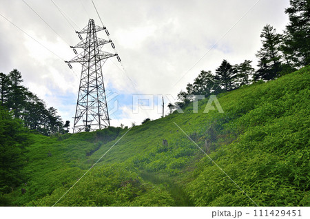 道志山塊の石割山 夏草生い茂る石割山北東尾根より眺める天竜南線の鉄塔 道志山塊の石割山 夏草生い茂る石割山北東尾根より眺める天竜南線の鉄塔 111429451