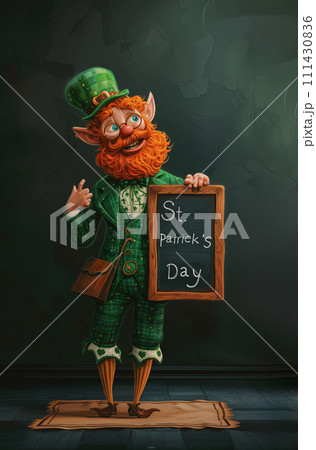 Animated character embodying leprechaun holds "St. Patrick's Day" sign, complete green hat, traditional Irish attire 111430836