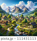 美しい山々と村 111431113