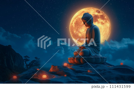 A Buddha statue in meditation beneath the full moon and surrounded by lotus. The concept evokes a sense of serenity and spiritual reflection. Generative AI. 111431599