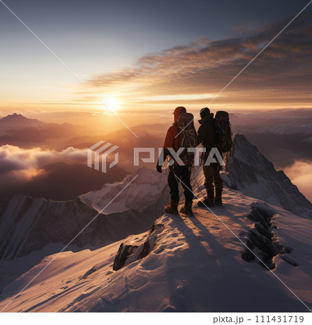 AI-generated content. Two people greeting snowy mountain under sunlight, Two individuals greet each other snowy mountain peak amidst glacial terrain, sky bathed sunlight. teamwork, shake hands sunset 111431719