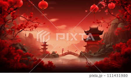 Chinese New Year landscape with red lanterns, pagoda and clouds Chinese New Year landscape with red lanterns, pagoda and clouds 111431980