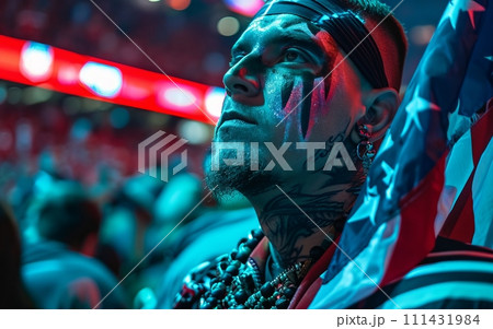 Fan wearing a jersey, face paint, close up Fan wearing a jersey, face paint, close up 111431984