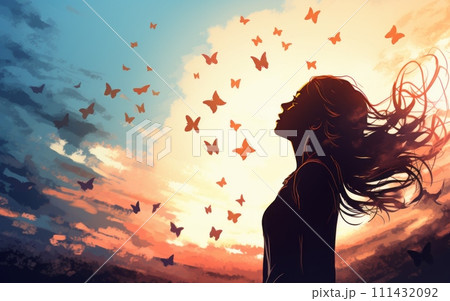 Silhouette of a person looking up to the sky, with several butterflies flying around, symbolizing transformation and hope. Concept of overdose,Overdose Awareness Day 111432092