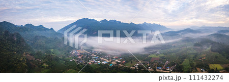 Morning Fog aerial in Chiang Dao, Thailand 111432274