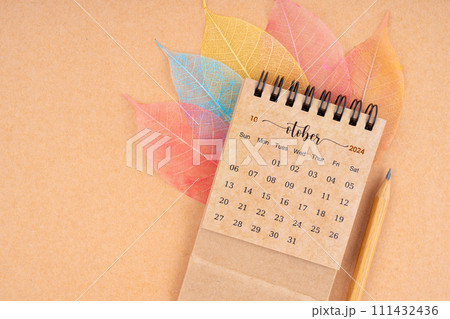 October 2024 monthly desk calendar and fiber structure of dry leaves texture, skeleton leaf. 111432436
