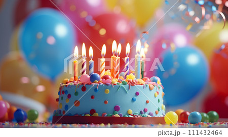 birthday cake with colorful candles on blur festive background 111432464