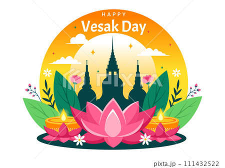 Vesak Day Celebration Vector Illustration with Temple Silhouette, Lotus Flower, Lantern or Buddha Person in Holiday Flat Cartoon Background Vesak Day Celebration Vector Illustration with Temple Silhouette, Lotus Flower, Lantern or Buddha Person in Holiday Flat Cartoon Background 111432522