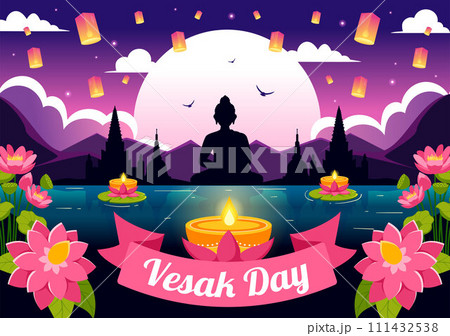 Vesak Day Celebration Vector Illustration with Temple Silhouette, Lotus Flower, Lantern or Buddha Person in Holiday Flat Cartoon Background Vesak Day Celebration Vector Illustration with Temple Silhouette, Lotus Flower, Lantern or Buddha Person in Holiday Flat Cartoon Background 111432538