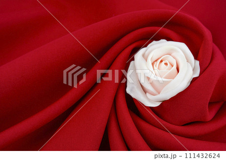 White rose flower on a red satin background. White rose flower on a red satin background. 111432624