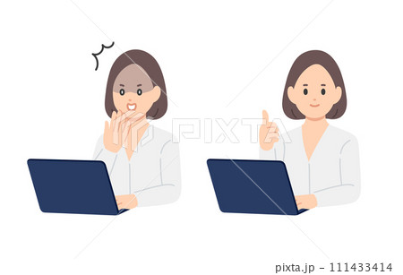 パソコンを見てショック・グッドのポーズをするビジネスパーソン女性のセット【人物ベクターイラスト素材】 パソコンを見てショック・グッドのポーズをするビジネスパーソン女性のセット【人物ベクターイラスト素材】 111433414