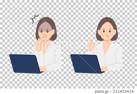 パソコンを見てショック・グッドのポーズをするビジネスパーソン女性のセット【人物ベクターイラスト素材】 パソコンを見てショック・グッドのポーズをするビジネスパーソン女性のセット【人物ベクターイラスト素材】 111433414