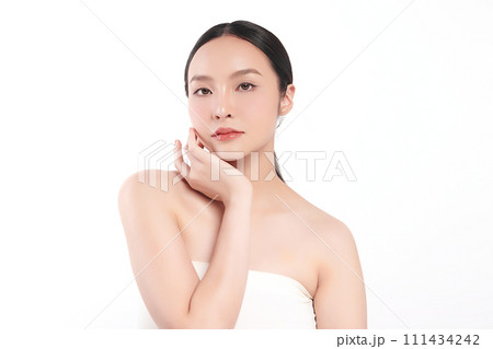 Beautiful young asian woman with clean fresh skin on white background, Face care, Facial treatment, Cosmetology, beauty and spa, Asian women portrait. 111434242