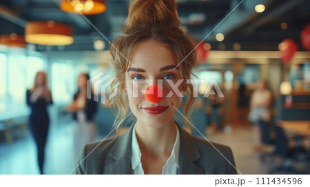 Smiling Woman with a Red Clown Nose at the Workplace. Blurred Office Background. AI Generated 111434596