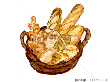 かごに盛ったいろんなパンの手描きイラスト 111435901