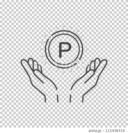一個人的手拿著字母P和一枚硬幣的圖標-點poi和磷元素符號的圖像素材 111436319