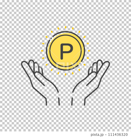 Icon of a person's hand holding the letter P and a coin - Image material of point poi and phosphorus element symbol Icon of a person's hand holding the letter P and a coin - Image material of point poi and phosphorus element symbol 111436320