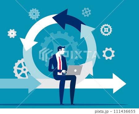 Young person with laptop checks programs. Product iteration vector illustration concept 111436655