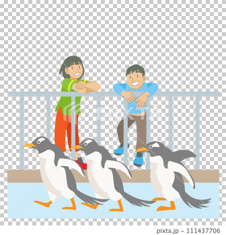 水族館でペンギンを見る子供達のイラスト 111437706