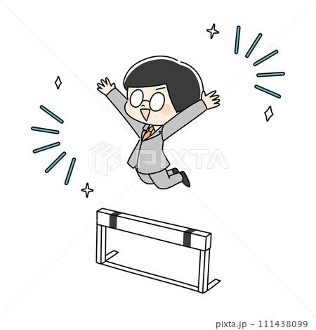 ハードルを飛び越えるスーツの男性 111438099