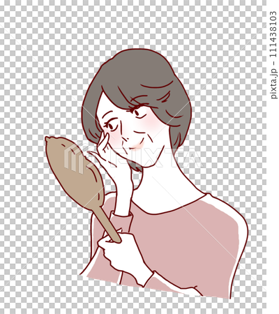 A senior woman looking to the right smiling while holding a hand mirror 111438103