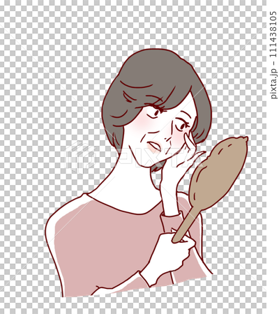 手鏡をもって何かに気が付く左向きのシニア女性 手鏡をもって何かに気が付く左向きのシニア女性 111438105