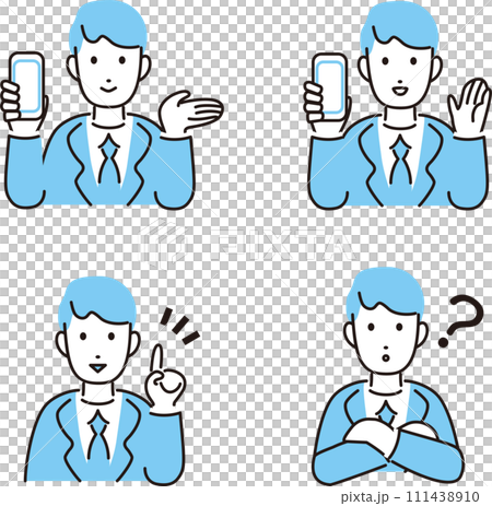 Smartphone suit businessman male person simple vector illustration material set Smartphone suit businessman male person simple vector illustration material set 111438910