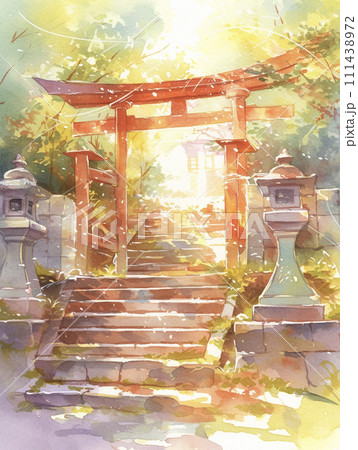 赤い鳥居のある日本の神社の水彩画 AI画像のイラスト素材 [111438972