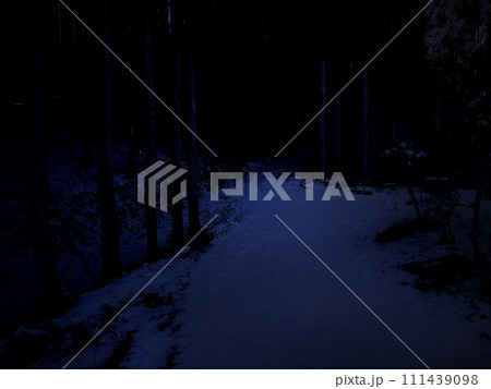 薄暗い雪の積もった山道 111439098