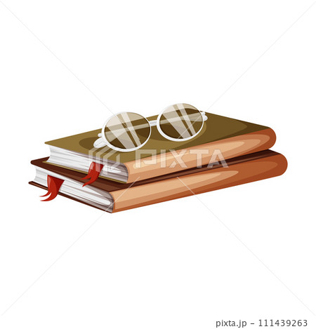 Stack of books with bookmark, glasses, horizontal books isolated on a white background. Cartoon educational vector illustration for reading lovers, web, library, store, study, sticker. World book day. 111439263