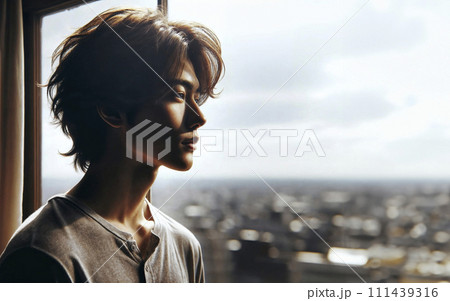 若い日本人のイケメン男性の横顔。AI画像。 111439316