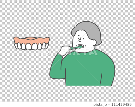 口腔ケアをする高齢女性と入れ歯のイラスト 111439489