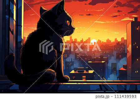 Dark silhouette of lonely cat sitting on windowsill and looking on evening cityscape, watching yellow sunset behind houses on horizon Dark silhouette of lonely cat sitting on windowsill and looking on evening cityscape, watching yellow sunset behind houses on horizon 111439593