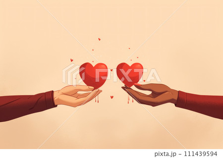 Two hands white and black person holding red hearts on beige background Two hands white and black person holding red hearts on beige background 111439594
