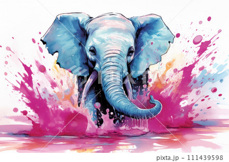Sketch illustration of cheerful cartoon elephant joyfully playing in colorful puddle, among colored splashes, funny and playful on white background 111439598