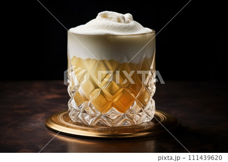 Glass of alcoholic rompope cocktail with creamy foam on top on bar isolated on dark background Glass of alcoholic rompope cocktail with creamy foam on top on bar isolated on dark background 111439620