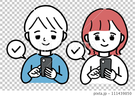 Upper body illustration of a young man and woman operating a smartphone 111439850