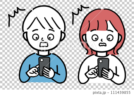スマホを見て驚く若い男女の上半身イラスト スマホを見て驚く若い男女の上半身イラスト 111439855